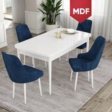 Canisa Concept Ram Serisi,MDF 80X132 Açılabilir Beyaz Yemek Masası Takımı, 4 Babyface Kumaş Sandalye - Lacivert - 80 x 132 cm