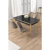 Canisa Concept Rewa Serisi 70X110 Sabit Siyah Mermer Desen Gold Detay Masa Takımı Ve 4 Cappucino Sandalye