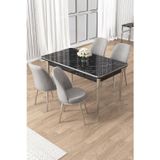 Canisa Concept Rewa Serisi 70X110 Sabit Siyah Mermer Desen Krom Detay Masa Takımı Ve 4 Gri Sandalye