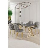 Canisa Concept Rigel Serisi 80X130 Lak Panel Siyah Mermer Desen Masa Takımı Gold Ayaklı 4 Gri Sandalye