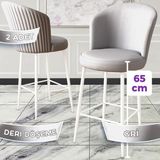 Canisa Concept Rika Serisi 65 cm Deri Bar Sandalyesi Beyaz Metal Ayaklı 2 Adet Ada Mutfak Bar Sandalyesi - Gri
