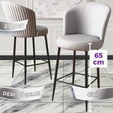 Canisa Concept Rika Serisi 65 cm Deri Bar Sandalyesi Siyah Metal Ayaklı 2 Adet Ada Mutfak Bar Sandalyesi - Gri