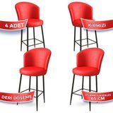 Canisa Concept Rika Serisi 65 cm Deri Bar Sandalyesi Siyah Metal Ayaklı 4 Adet Ada Mutfak Bar Sandalyesi - Kırmızı
