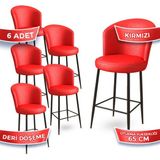 Canisa Concept Rika Serisi 65 cm Deri Bar Sandalyesi Siyah Metal Ayaklı 6 Adet Ada Mutfak Bar Sandalyesi - Kırmızı