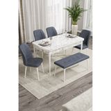 Canisa Concept Rio Serisi 80x132 cm Benchli Beyaz Mermer Desenli Füme Mdf Mutfak Masası Takımı