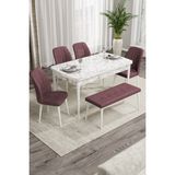Canisa Concept Rio Serisi 80x132 cm Benchli Beyaz Mermer Desenli Gül Kurusu Mdf Mutfak Masası Takımı