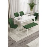 Canisa Concept Rio Serisi 80x132 cm Benchli Beyaz Mermer Desenli Haki Yeşili Mdf Mutfak Masası Takımı