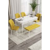 Canisa Concept Rio Serisi 80x132 cm Benchli Beyaz Mermer Desenli Hardal Mdf Mutfak Masası Takımı