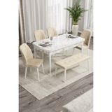 Canisa Concept Rio Serisi 80x132 cm Benchli Beyaz Mermer Desenli Krem Mdf Mutfak Masası Takımı