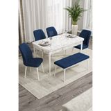 Canisa Concept Rio Serisi 80x132 cm Benchli Beyaz Mermer Desenli Lacivert Mdf Mutfak Masası Takımı