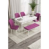 Canisa Concept Rio Serisi 80x132 cm Benchli Beyaz Mermer Desenli Mor Mdf Mutfak Masası Takımı