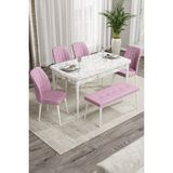 Canisa Concept Rio Serisi 80x132 cm Benchli Beyaz Mermer Desenli Pembe Mdf Mutfak Masası Takımı