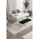 Canisa Concept Rio Serisi 80x132 cm Benchli Beyaz Mermer Desenli Siyah Beyaz Mdf Mutfak Masası Takımı