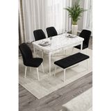 Canisa Concept Rio Serisi 80x132 cm Benchli Beyaz Mermer Desenli Siyah Mdf Mutfak Masası Takımı
