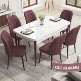 Canisa Concept Rio Serisi 80X132 Mdf Açılabilir Beyaz Masa Ceviz Ayak Mutfak Masası Takımı 6 Adet Sandalye - Gülkurusu