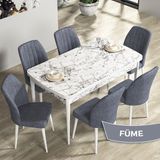 Canisa Concept Rio Serisi 80X132 Mdf Açılabilir Beyaz Mermer Desen Mutfak Masası Takımı 6 Adet Sandalye - Füme