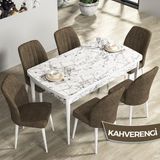 Canisa Concept Rio Serisi 80X132 Mdf Açılabilir Beyaz Mermer Desen Mutfak Masası Takımı 6 Adet Sandalye - Kahverengi