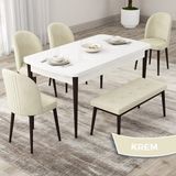 Canisa Concept Roe Serisi Açılabilir 80X132 Beyaz Masa Ceviz Ayak Mutfak Masası Takımı 4 Sandalye 1 Bench - Krem
