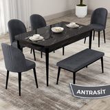 Canisa Concept Roe Serisi Açılabilir 80X132 Siyah Mermer Desen Mutfak Masası Takımı 4 Sandalye 1 Bench - Antrasit