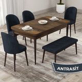 Canisa Concept Roe Serisi MDF Açılabilir 80X132 Barok Ahşap Desen Mutfak Masası Takımı 4 Sandalye 1 Bench - Antrasit
