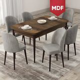 Canisa Concept Roe Serisi MDF Açılabilir 80X132 Barok Ahşap Desen Mutfak Masası Takımı ve 6 Sandalye - Gri