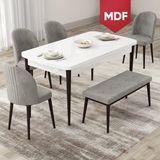 Canisa Concept Roe Serisi MDF Açılabilir 80X132 Beyaz Masa Ceviz Ayak Mutfak Masası Takımı 4 Sandalye 1 Bench - Gri