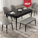 Canisa Concept Roe Serisi MDF Açılabilir 80X132 Siyah Mermer Desen Mutfak Masası Takımı 4 Sandalye 1 Bench - Gri