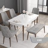 Canisa Concept Roy Serisi, 80 x 132 cm Açılabilir Mdf Masa Takımı, Beyaz Masa Ceviz Ayak 4 Sandalye 1 Bench - Gri