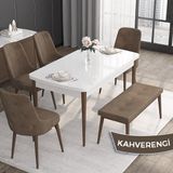 Canisa Concept Roy Serisi, 80 x 132 cm Açılabilir Mdf Masa Takımı, Beyaz Masa Ceviz Ayak 4 Sandalye 1 Bench - Kahverengi