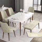 Canisa Concept Roy Serisi, 80 x 132 cm Açılabilir Mdf Masa Takımı, Beyaz Masa Ceviz Ayak 4 Sandalye 1 Bench - Krem