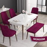 Canisa Concept Roy Serisi, 80 x 132 cm Açılabilir Mdf Masa Takımı, Beyaz Masa Ceviz Ayak 4 Sandalye 1 Bench - Mürdüm