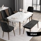 Canisa Concept Roy Serisi, 80 x 132 cm Açılabilir Mdf Masa Takımı, Beyaz Masa Ceviz Ayak 4 Sandalye 1 Bench - Siyah
