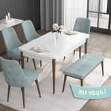 Canisa Concept Roy Serisi, 80 x 132 cm Açılabilir Mdf Masa Takımı, Beyaz Masa Ceviz Ayak 4 Sandalye 1 Bench - Su Yeşili