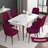 Canisa Concept Roy Serisi, 80 x 132 cm Açılabilir Mdf Masa Takımı, Beyaz Masa Ceviz Ayak 6 Sandalye - Mürdüm