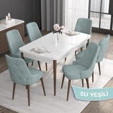 Canisa Concept Roy Serisi, 80 x 132 cm Açılabilir Mdf Masa Takımı, Beyaz Masa Ceviz Ayak 6 Sandalye - Su Yeşili