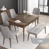 Canisa Concept Roy Serisi, 80 x 132 cm Mdf Masa Takımı, Barok Ahşap Desen Masa 4 Sandalye 1 Bench - Gri