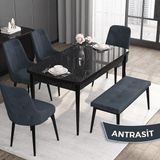 Canisa Concept Roy Serisi, 80 x 132 cm Mdf Mutfak Masa Takımı,siyah Mermer Desen Masa 4 Sandalye 1 Bench - Antrasit