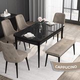 Canisa Concept Roy Serisi, 80 x 132 cm Mdf Mutfak Masa Takımı,siyah Mermer Desen Masa 4 Sandalye 1 Bench - Cappuccino