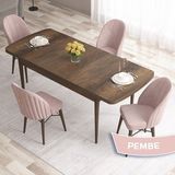 Canisa Concept Roz Serisi 80X132 Mdf Açılabilir Barok Ahşap Desen Mutfak Masası Takımı 4 Sandalye Gold Halkalı - Pembe