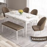 Canisa Concept Roz Serisi 80X132 Mdf Açılabilir Beyaz Mermer Desen Mutfak Masası Takımı 4 Sandalye 1 Becnh - Kahverengi