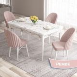 Canisa Concept Roz Serisi 80X132 Mdf Açılabilir Beyaz Mermer Desen Mutfak Masası Takımı 4 Sandalye Gold Halkalı - Pembe