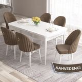 Canisa Concept Roz Serisi 80X132 Mdf Açılabilir Beyaz Mutfak Masası Takımı 6 Sandalye Gold Halkalı - Kahverengi