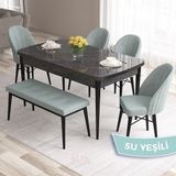 Canisa Concept Roz Serisi 80X132 Mdf Açılabilir Siyah Mermer Desen Mutfak Masası Takımı 4 Sandalye 1 Bench - Su Yeşili