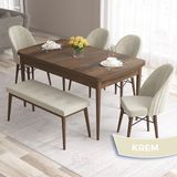 Canisa Concept Roz Serisi 80X132 Mdf Barok Ahşap Desen Mutfak Masası 4 Sandalye ve 1 Bench Gold Halkalı - Krem