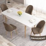 Canisa Concept Roz Serisi 80X132 Mdf Beyaz Mutfak Masa Takımı Doğal Ahşap Ayak Beyaz Kafes 4 Sandalye Gold Halka - Kahverengi