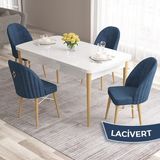 Canisa Concept Roz Serisi 80X132 Mdf Beyaz Mutfak Masa Takımı Doğal Ahşap Ayak Beyaz Kafes 4 Sandalye Gold Halka - Lacivert