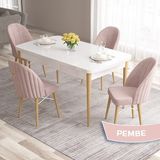 Canisa Concept Roz Serisi 80X132 Mdf Beyaz Mutfak Masa Takımı Doğal Ahşap Ayak Beyaz Kafes 4 Sandalye Gold Halka - Pembe