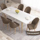 Canisa Concept Roz Serisi 80X132 Mdf Beyaz Mutfak Masa Takımı Doğal Ahşap Ayak Beyaz Kafes 6 Sandalye Gold Halka - Kahverengi