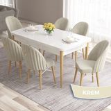 Canisa Concept Roz Serisi 80X132 Mdf Beyaz Mutfak Masa Takımı Doğal Ahşap Ayak Beyaz Kafes 6 Sandalye Gold Halka - Krem