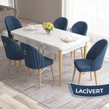Canisa Concept Roz Serisi 80X132 Mdf Beyaz Mutfak Masa Takımı Doğal Ahşap Ayak Beyaz Kafes 6 Sandalye Gold Halka - Lacivert